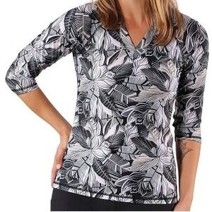 UV SKINZ UPF 50+ Sunwear Top Black White Leaf Floral 3/4 Sleeve Rash Guard EUC M